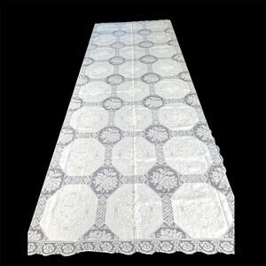 Vintage Army Navy Filet Lace Tablecloth 64x109 White Cotton Whitework Embroidery